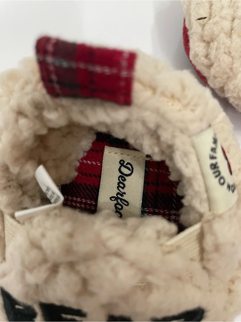 dearfoams Cream Sherpa 'Baby Bear' Kids Slippers with Red Plaid Trim